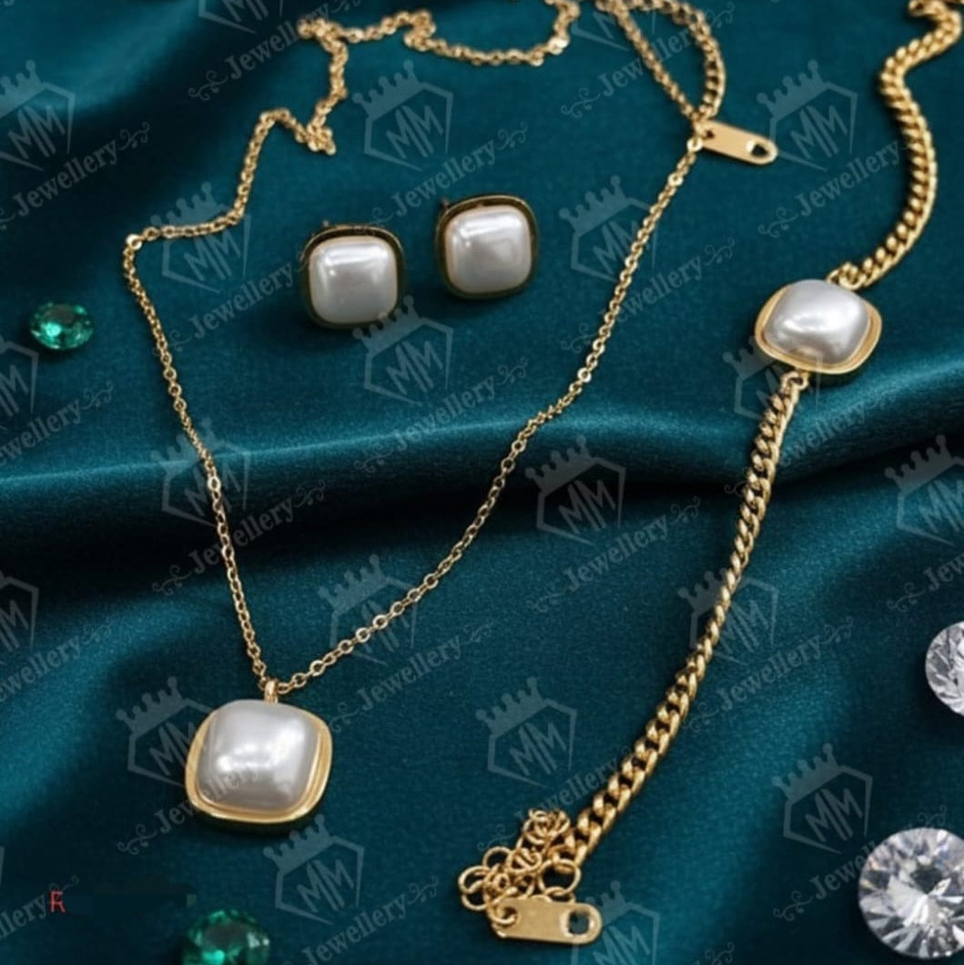 Elegant Gold-Plated Pearl Jewelry Set — Necklace, Bracelet & Earrings