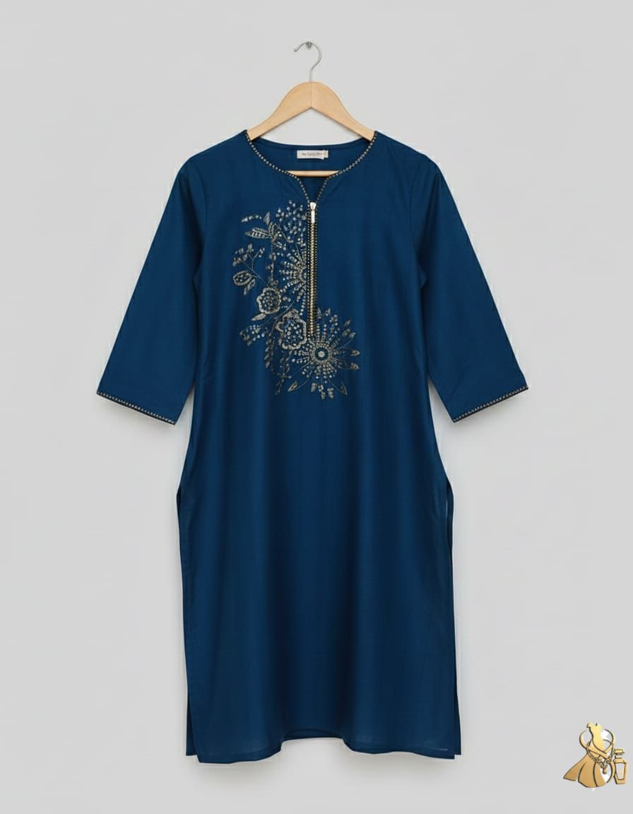 Modern Navy Blue Khaddar Kurti with Zipper & Floral Embroidery