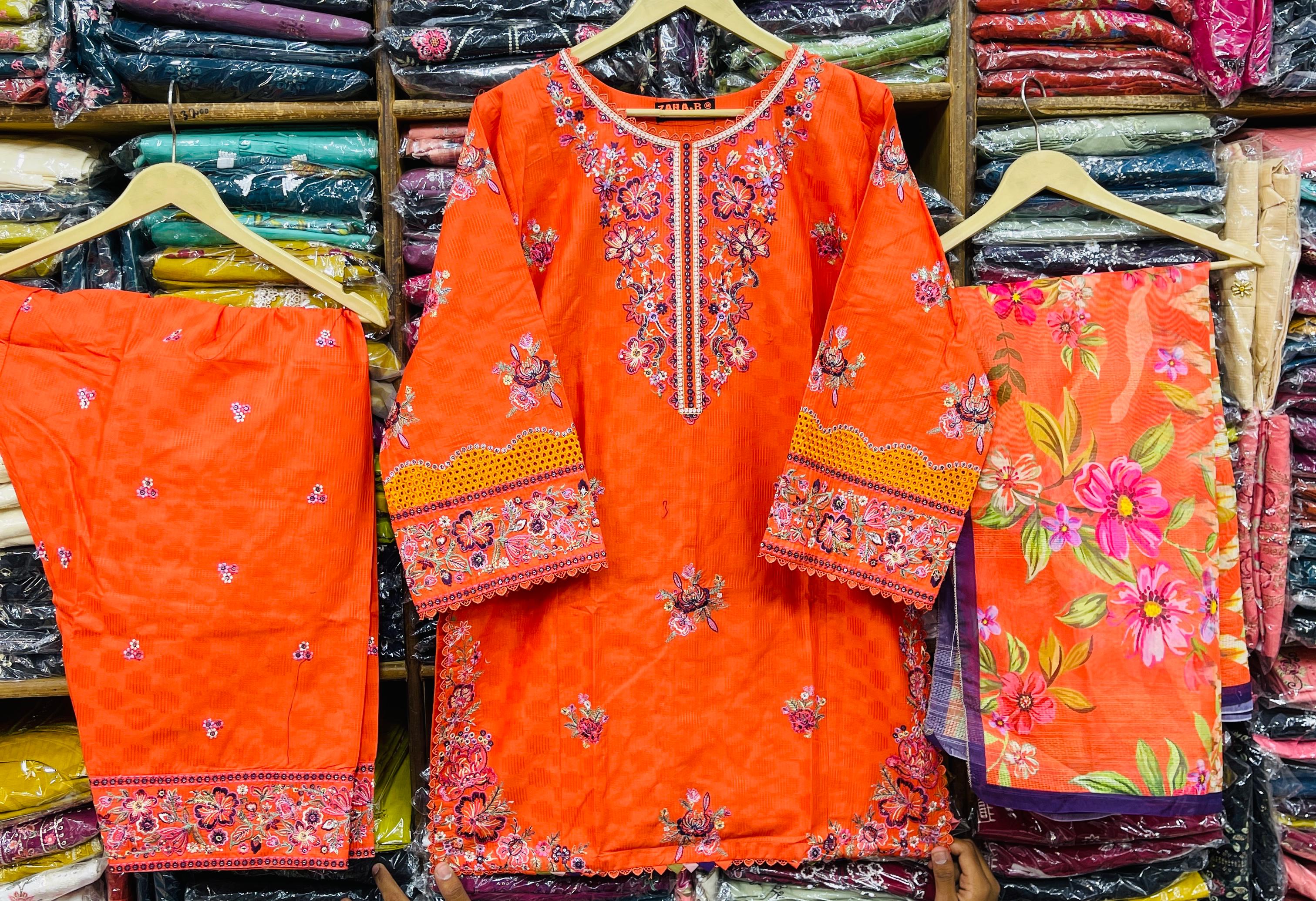 Vibrant Orange Festive 3-Piece Suit with Rich Floral Embroidery