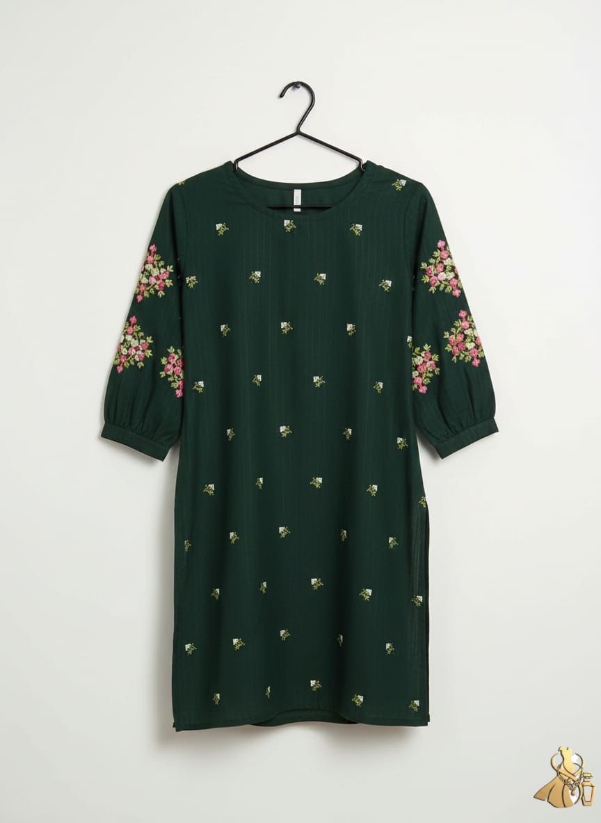 Elegant Bottle Green Khaddar Kurti with Delicate Floral Embroidery and Puff Sleeves
