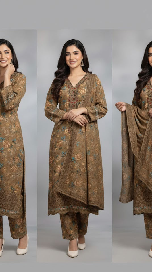 Earthy Tones: Sophisticated Embroidered Neckline Khaki Winter Wear