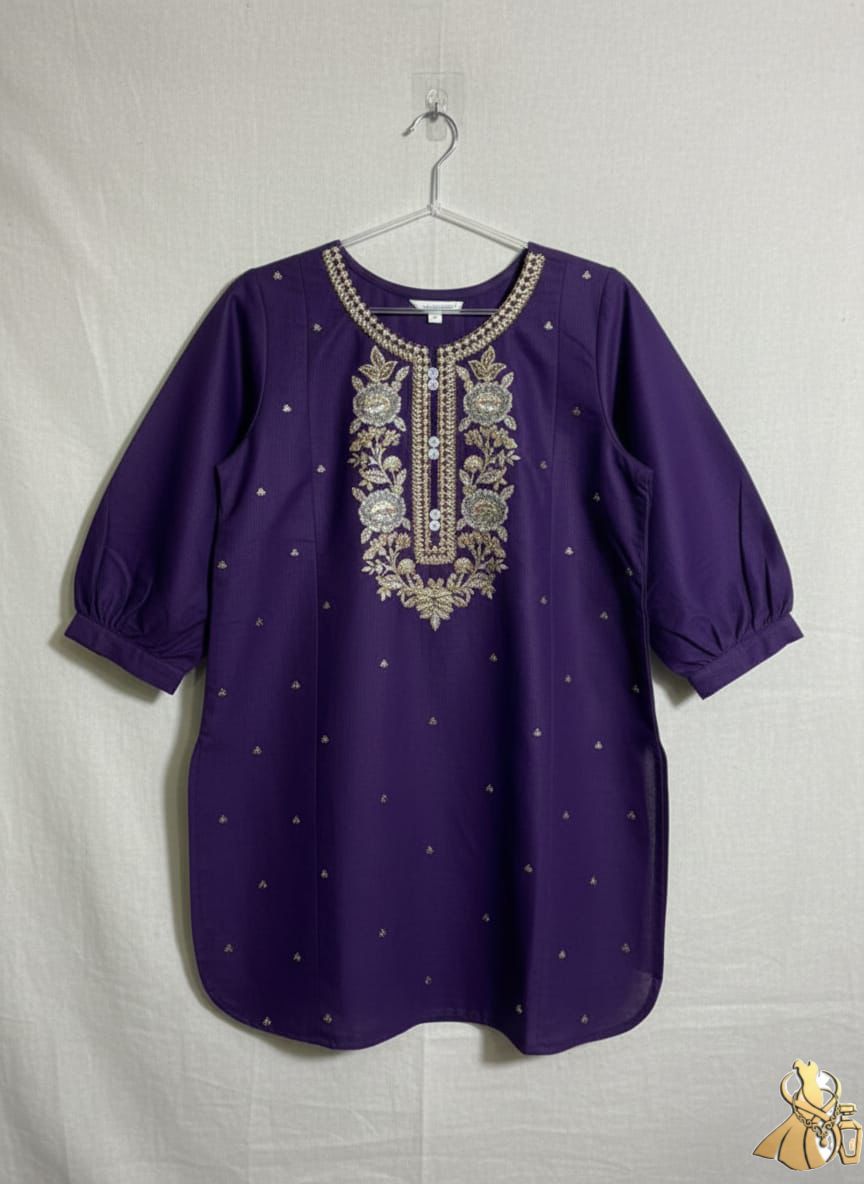 Premium Deep Purple Embroidered Winter Khaddar Kurti