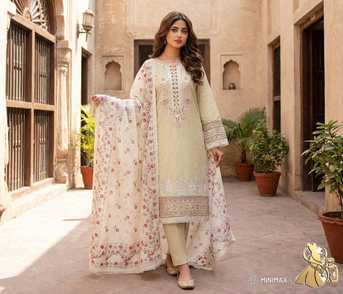 Elegant Cream & Pastel Floral Embroidered Festive Suit