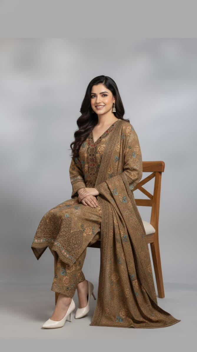 Earthy Tones: Sophisticated Embroidered Neckline Khaki Winter Wear