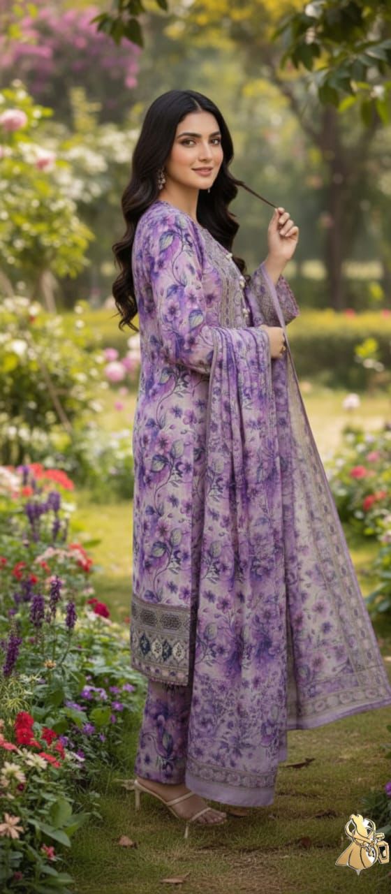 Violet Winter Bloom - Premium Linen/Khaddar Digital Print.