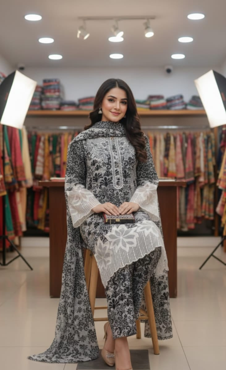 Elegant Monochrome: Premium 3-Piece Printed Winter Linen Suit