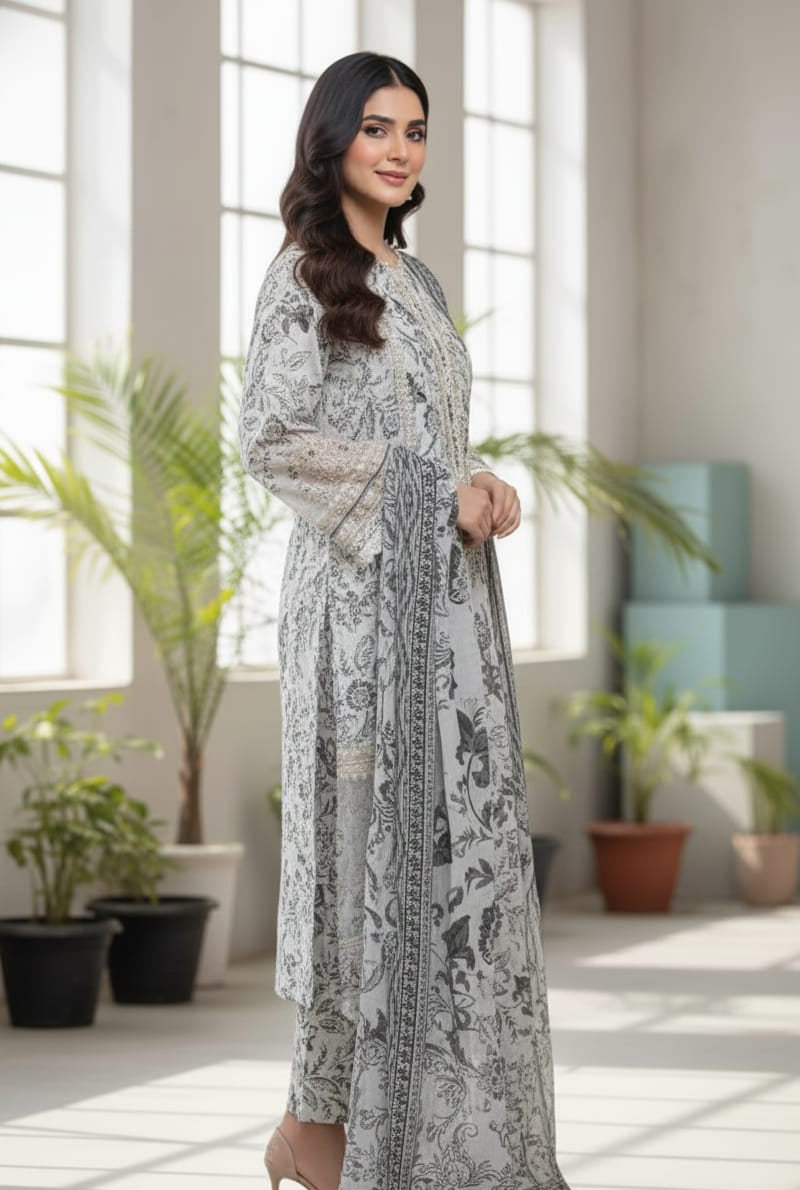 Winter Blossom: Premium 3-Piece Printed Linen Ensemble