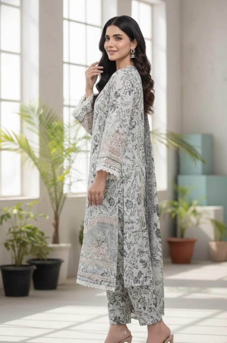 Winter Blossom: Premium 3-Piece Printed Linen Ensemble