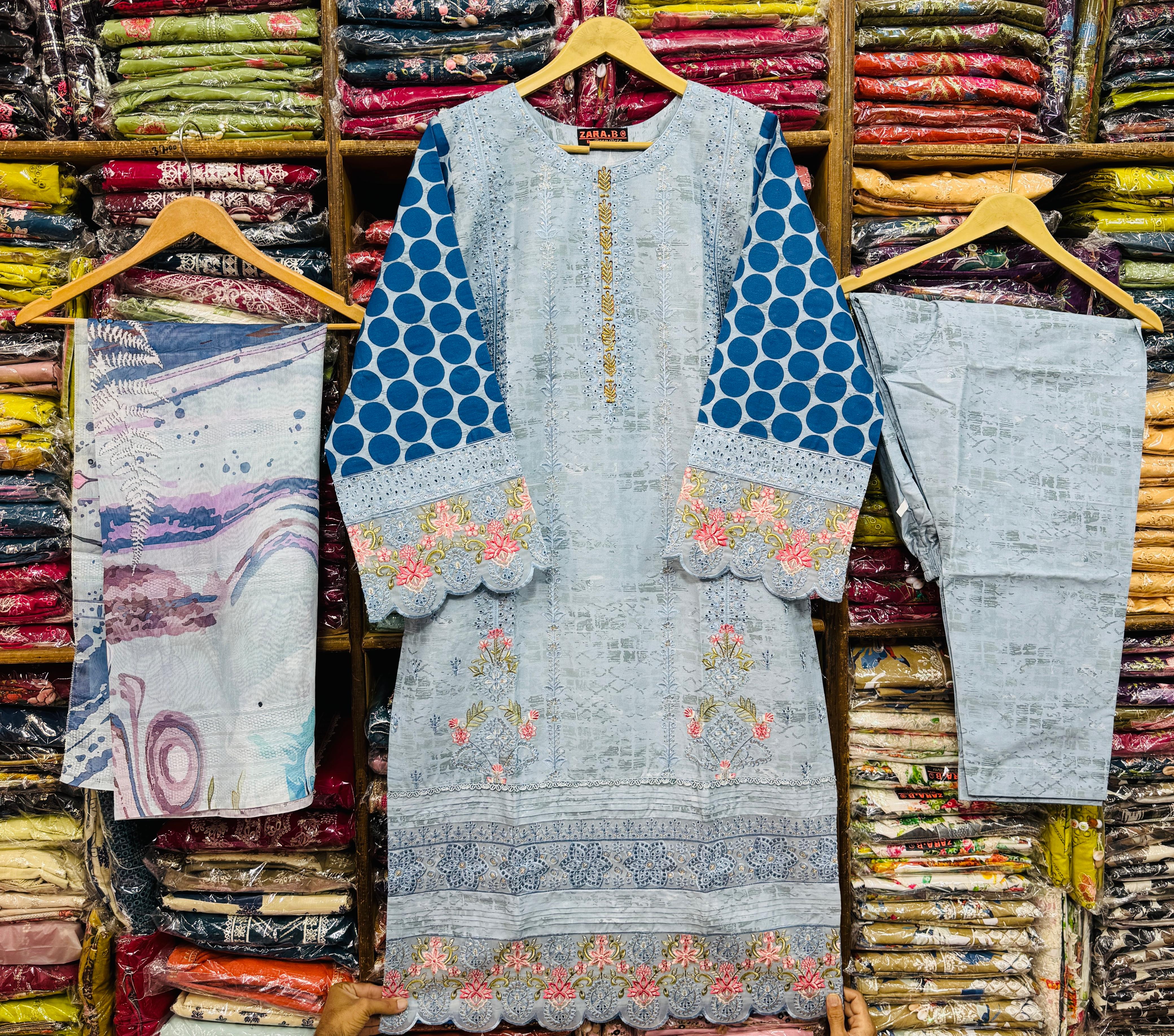 Elegant Sky Blue Embroidered 3-Piece Suit with Polka Dot Sleeves