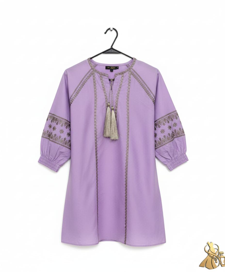 Trendy Lavender Khaddar Kurti with Silver Thread Work and Tassel Detail
