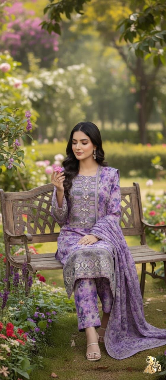 Violet Winter Bloom - Premium Linen/Khaddar Digital Print.