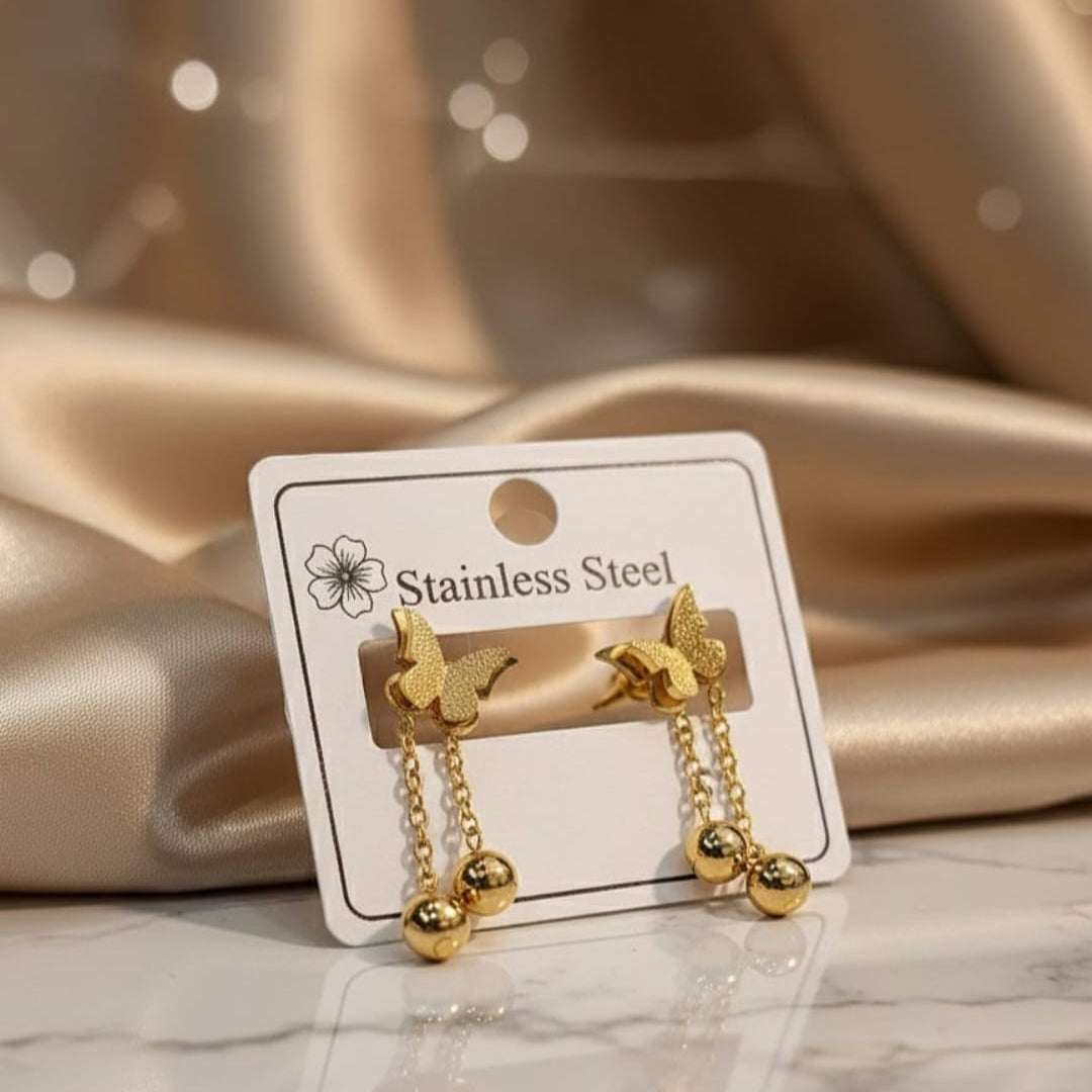 Golden Butterfly Bliss – Stainless Steel Dangler Earrings