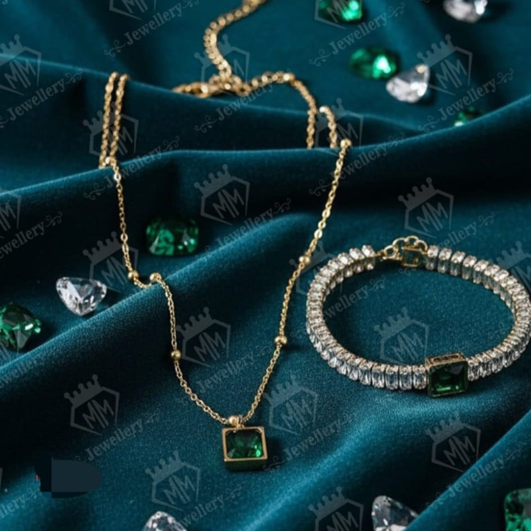 Emerald Spark Gold-Tone Stainless Steel Necklace & Tennis Bracelet Set