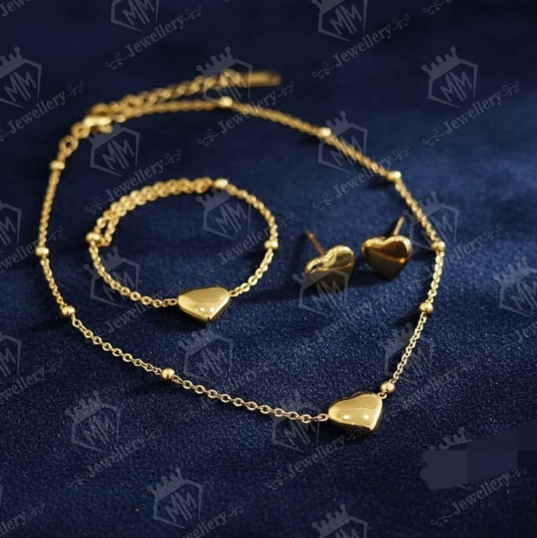 Golden Heart Trio — Necklace, Bracelet & Earrings Set