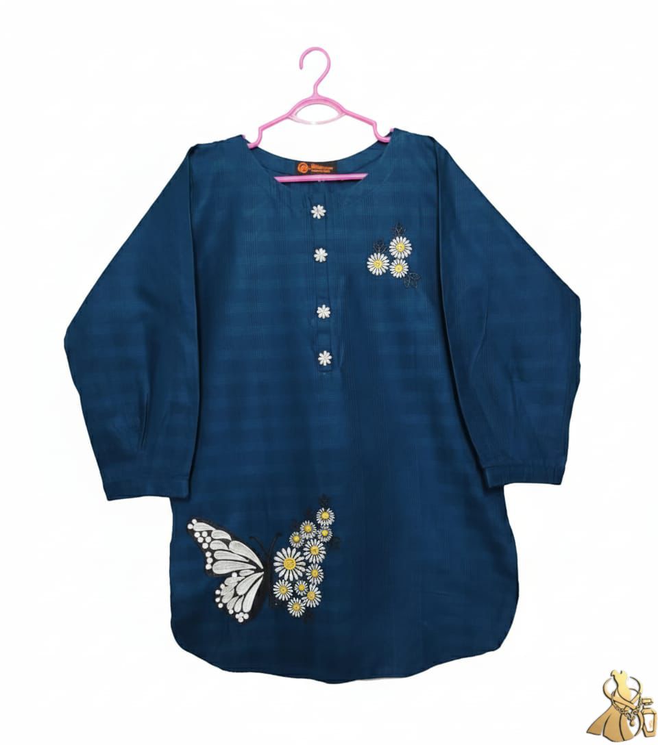 Trendy Teal Blue Khaddar Top with Artistic Butterfly & Floral Motif