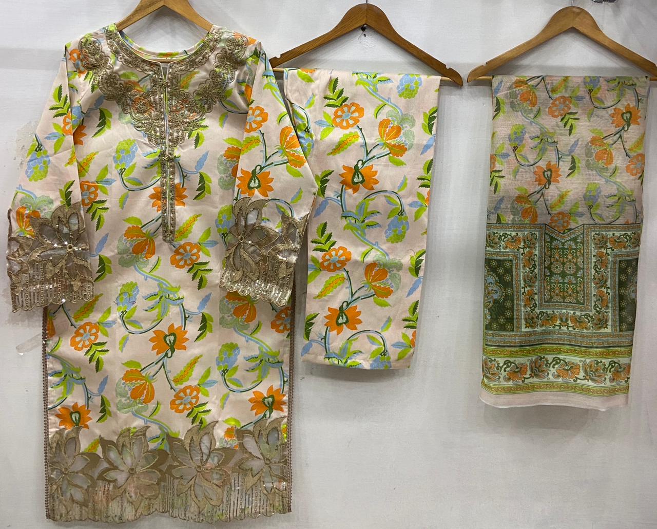 Luxury Peach 3-Piece Suit with Vibrant Floral Prints and Exquisite Golden Cutwork Embroidery