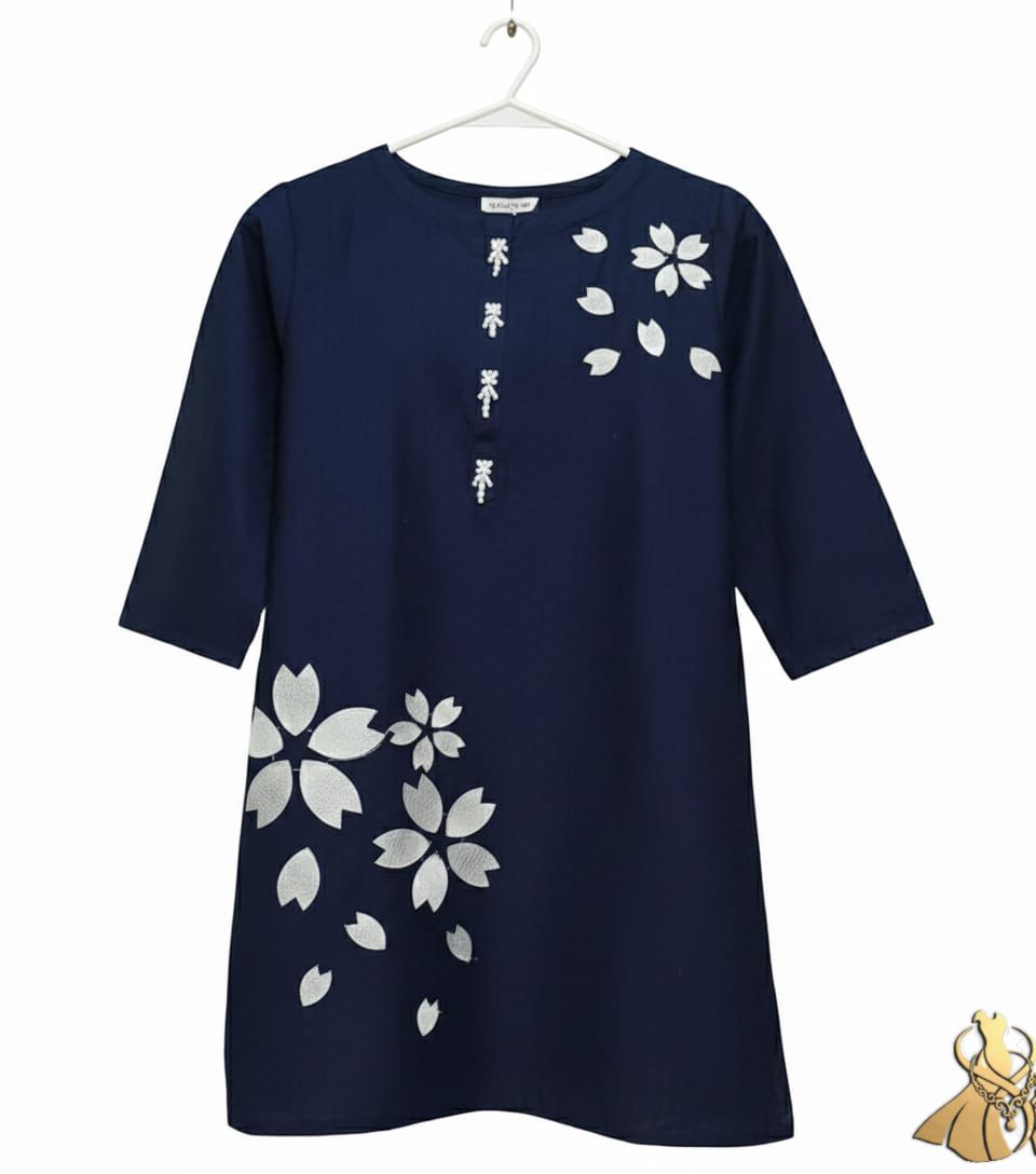 Navy Blue Winter Khaddar Kurti with Elegant Silver Floral Applique Work