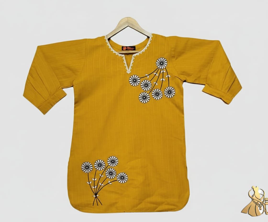 Vibrant Mustard Yellow Khaddar Kurti with Floral Bunch Embroidery