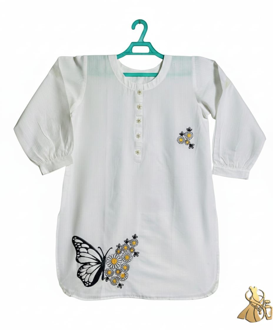 Chic White Winter Khaddar Kurti with Butterfly & Floral Embroidery