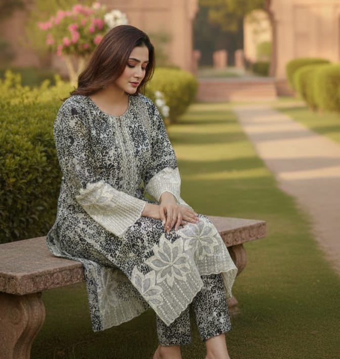 Regal Grey & Black Floral Printed Winter Kurta Set with Bell Sleeves