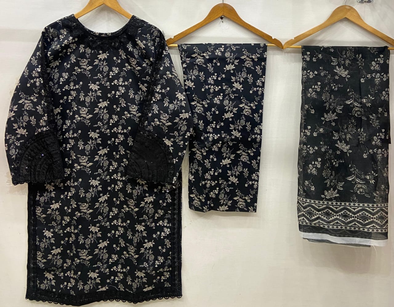 Elegant Midnight Black 3-Piece Suit with Dainty Floral Patterns and Signature Embroidered Sleeves