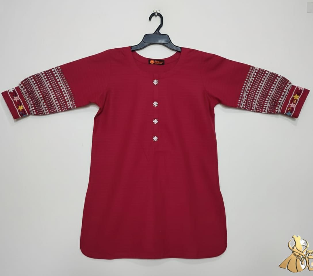 Vibrant Deep Red Khaddar Kurti with Intricate Mirror-Work Style Sleeves