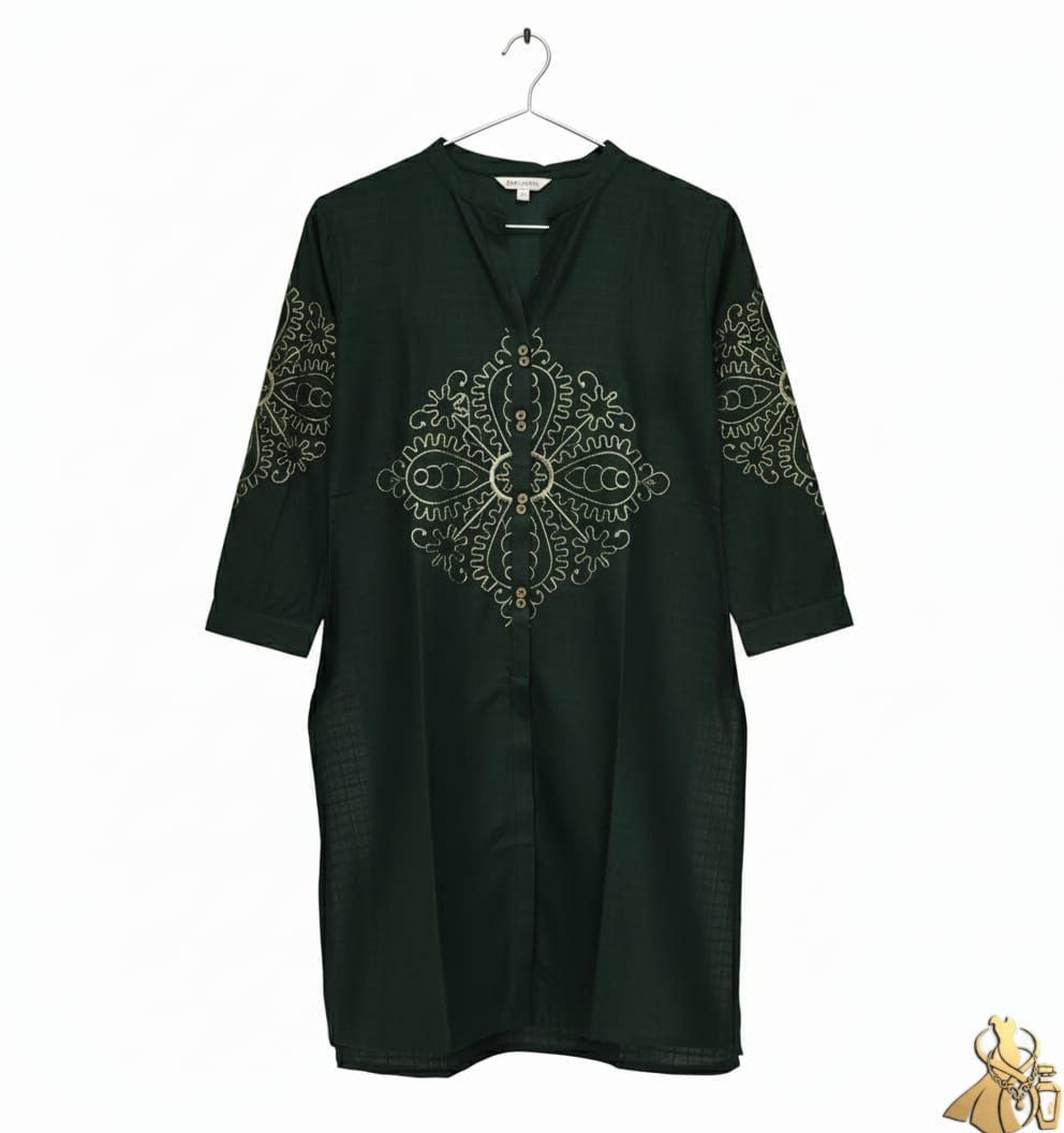 Sophisticated Emerald Green Khaddar Kurti with Golden Geometric Embroidery