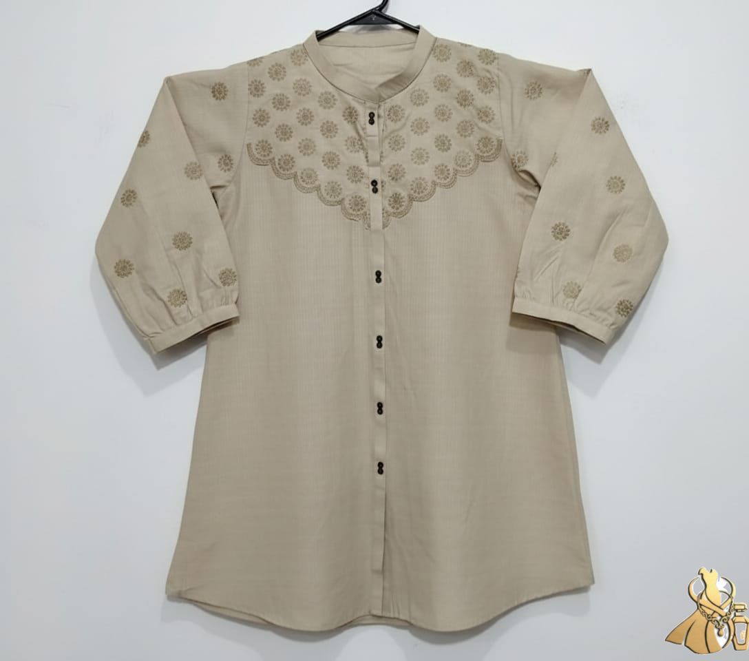 Decent Beige Winter Khaddar Kurti with Scalloped Floral Embroidery