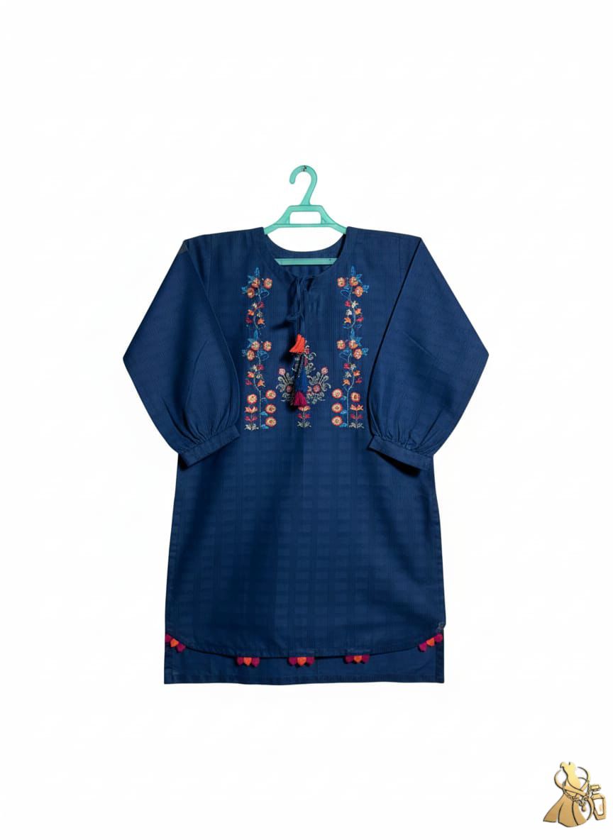 Teal Blue Winter Khaddar Kurti with Vibrant Floral Embroidery and Tassel Details
