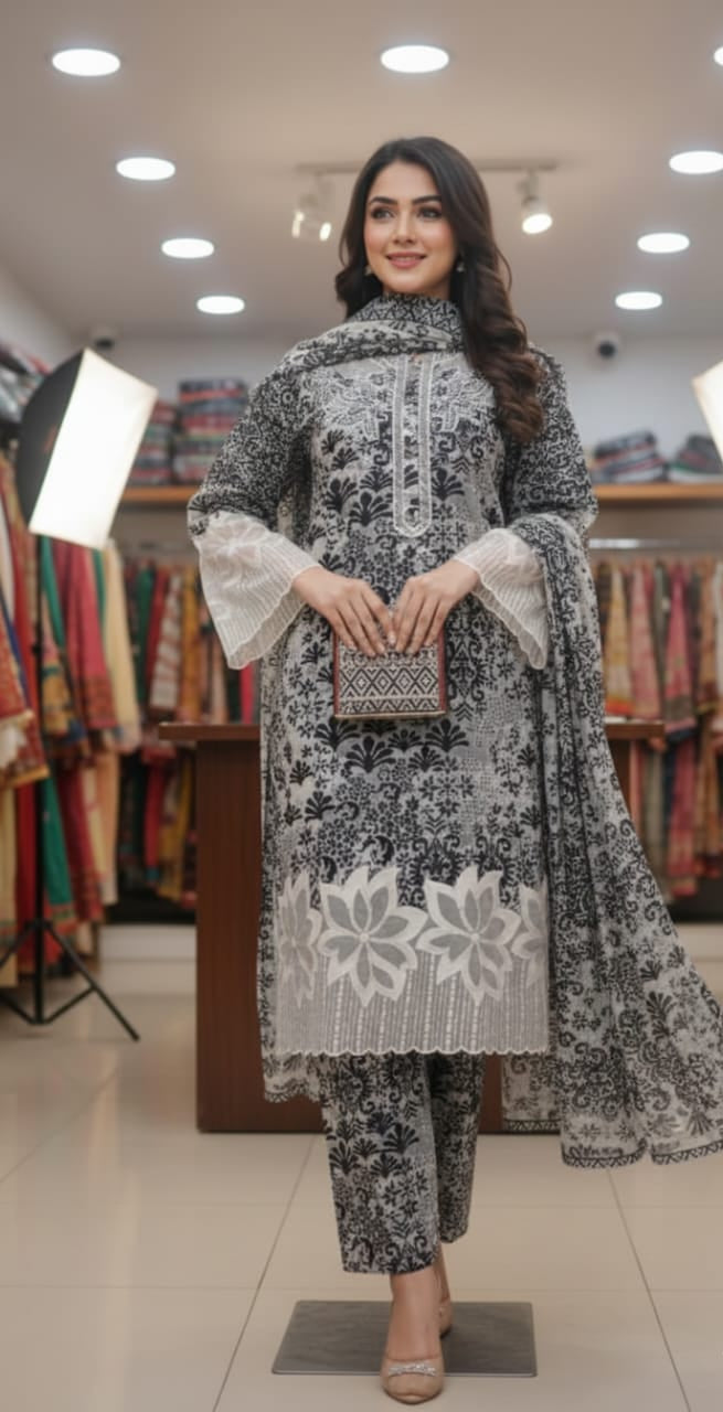 Elegant Monochrome: Premium 3-Piece Printed Winter Linen Suit