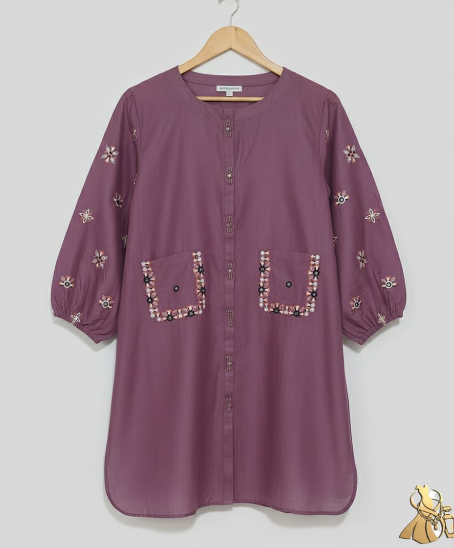 Elegant Mauve Khaddar Winter Kurti with Embroidered Pockets and Floral Sleeves