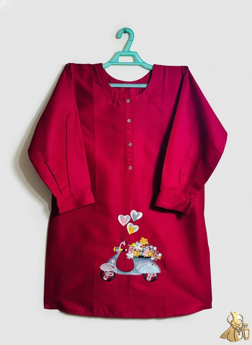 Chic Maroon Khaddar Top with Quirky Scooter & Heart Embroidery
