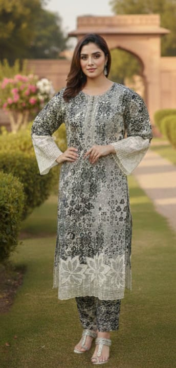 Regal Grey & Black Floral Printed Winter Kurta Set with Bell Sleeves