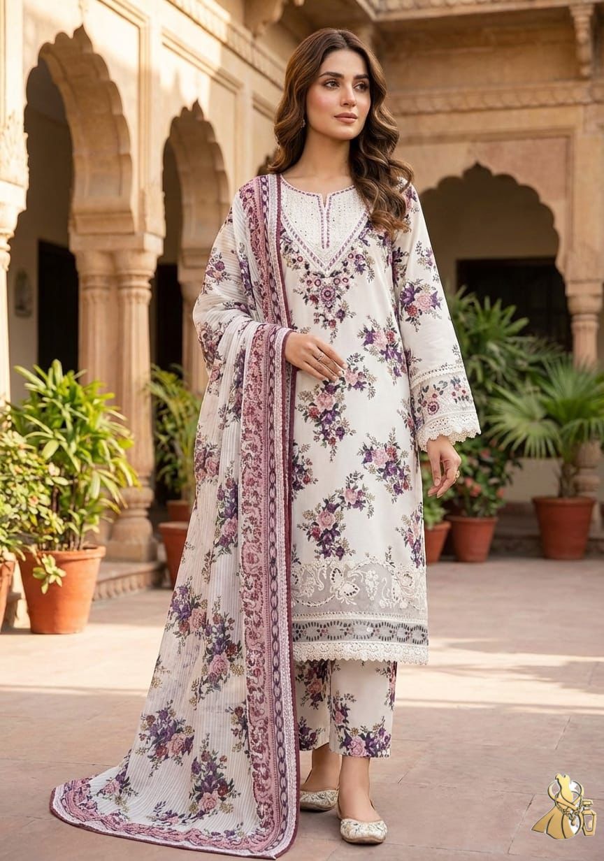 Royal White & Mauve Winter Collection Dress | Premium Floral Print with Embroidery