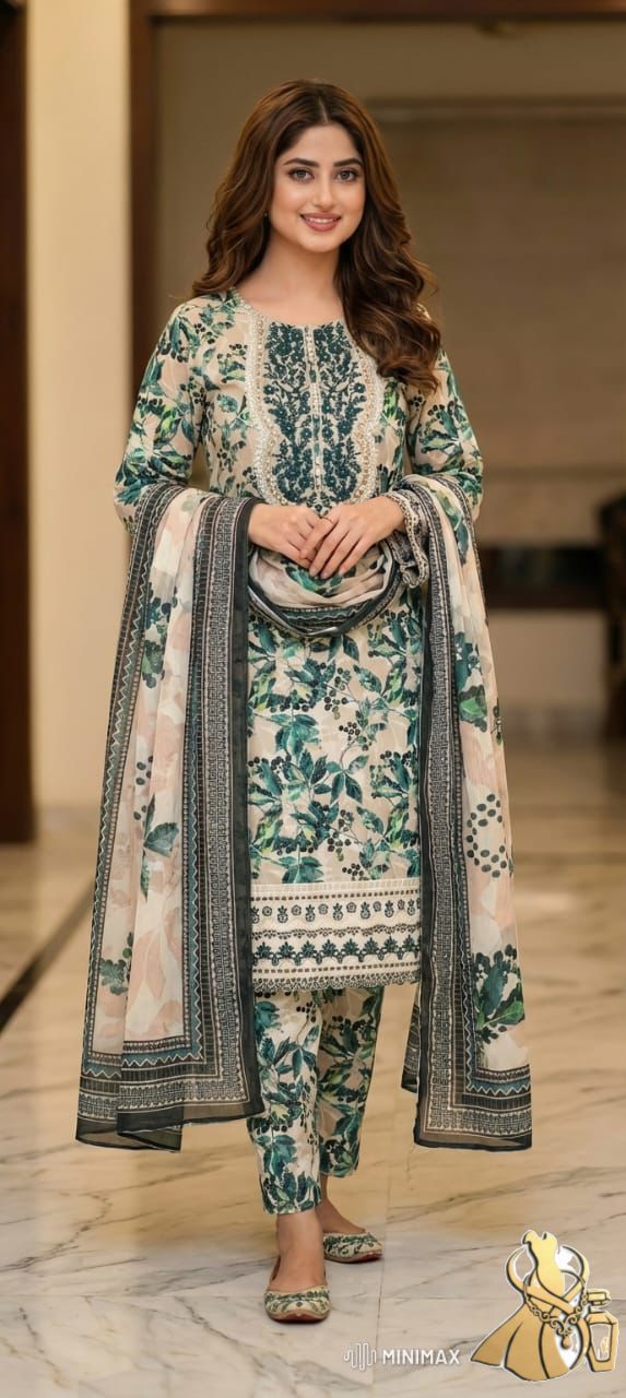 Graceful Forest Green Floral Printed Luxury Party Wear
