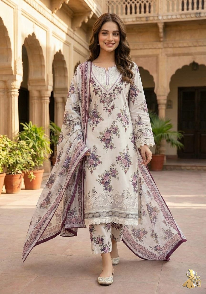Royal White & Mauve Winter Collection Dress | Premium Floral Print with Embroidery