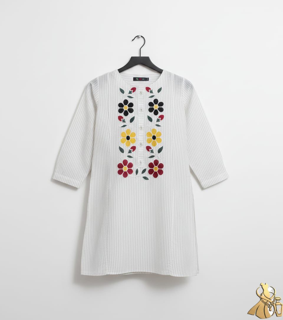 Chic White Striped Khaddar Kurti with Bold Multi-Color Floral Embroidery